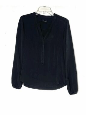 Theory Silk Blouse Split Neck Long Sleeve Black Minimalist Classic Size M